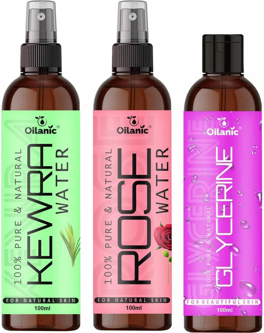 Oilanic Premium Kewra, Rose Water & Glycerine Combo - 3 x 100 ml